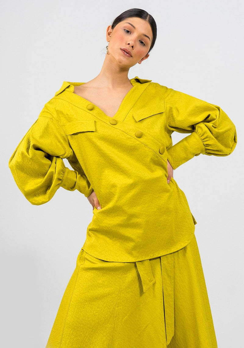 N'waxinjiyana yellow green open V-neckline Shirt - Judy Sanderson