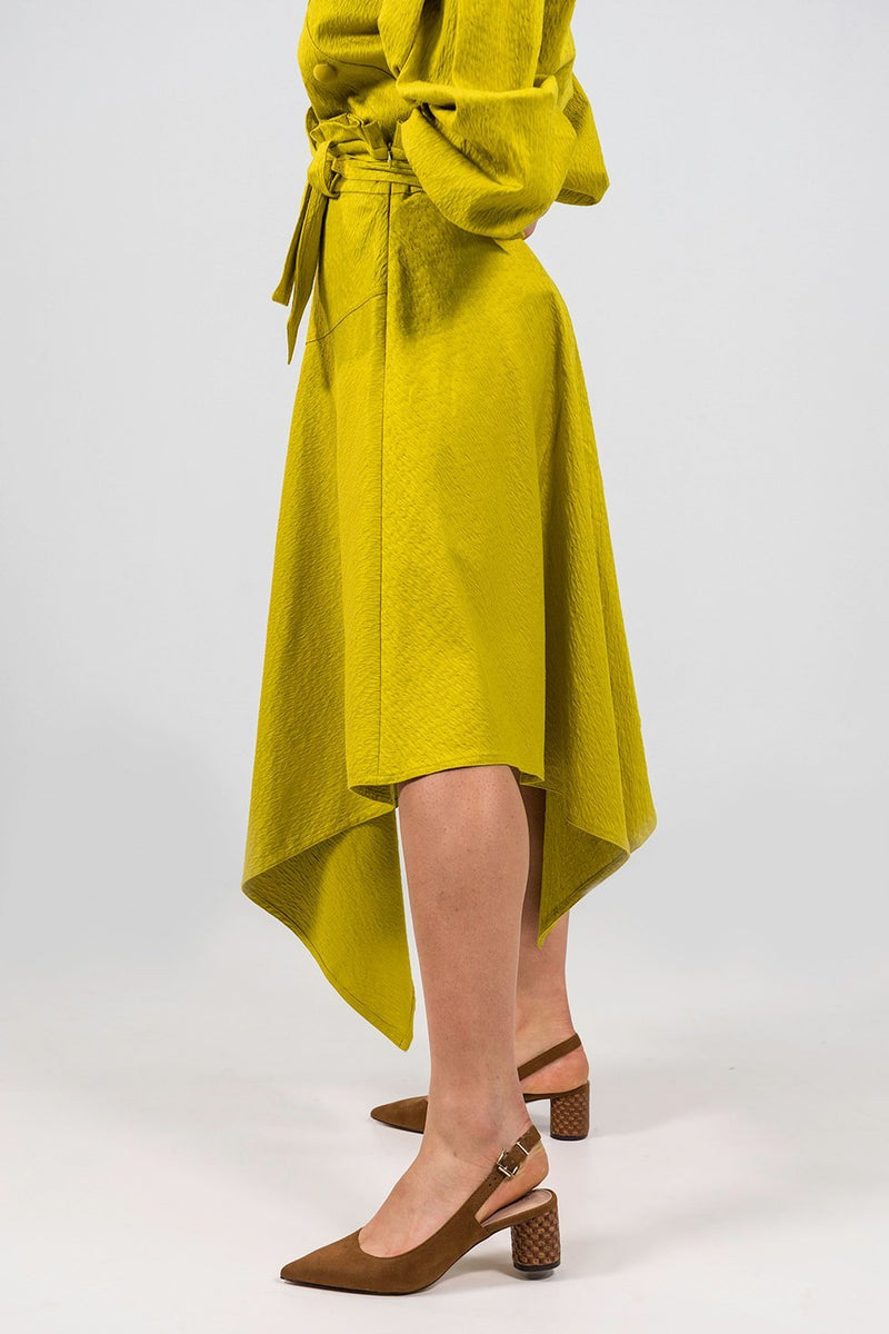 Magreth yellow green Asymmetric midi Skirt - Judy Sanderson