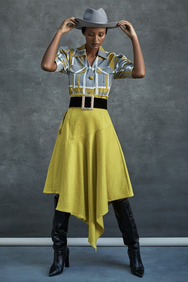 Magreth yellow green Asymmetric midi Skirt - Judy Sanderson