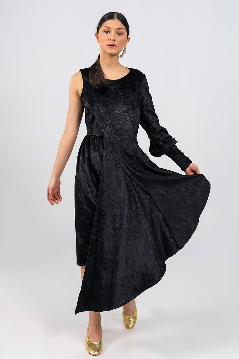 Maropeng black asymmetric velvet Dress - Judy Sanderson