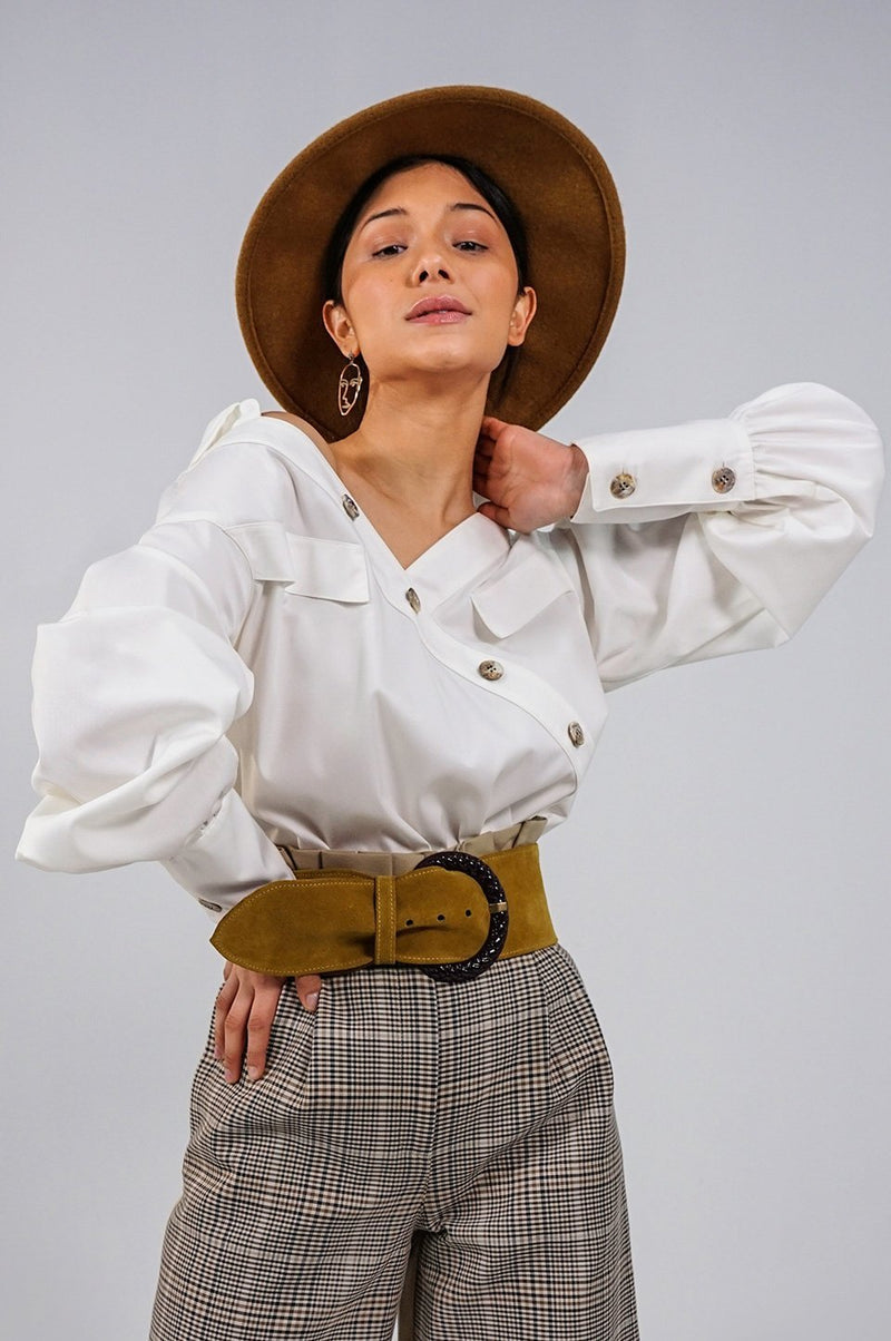 N'waxinjiyana white open V-neckline Shirt - Judy Sanderson