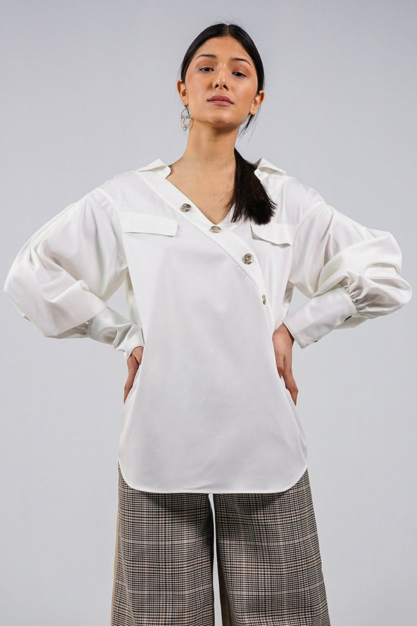 N'waxinjiyana white open V-neckline Shirt - Judy Sanderson