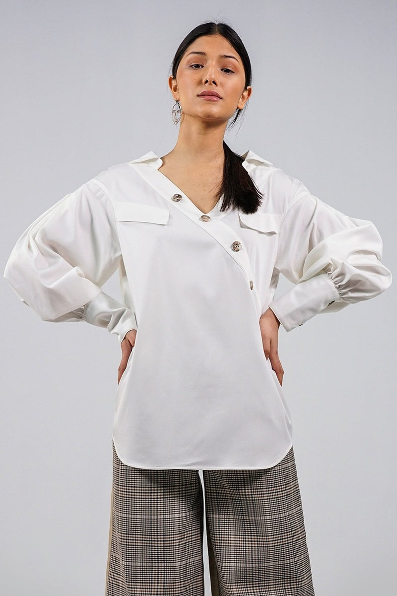 N'waxinjiyana white open V-neckline Shirt - Judy Sanderson
