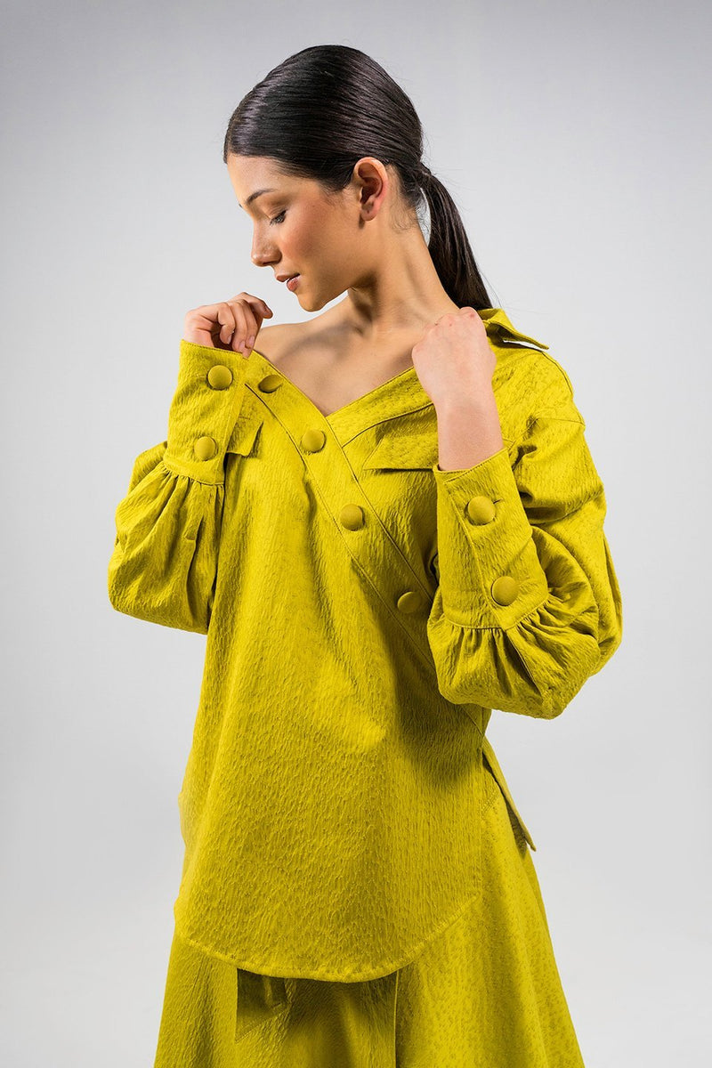 N'waxinjiyana yellow green open V-neckline Shirt - Judy Sanderson