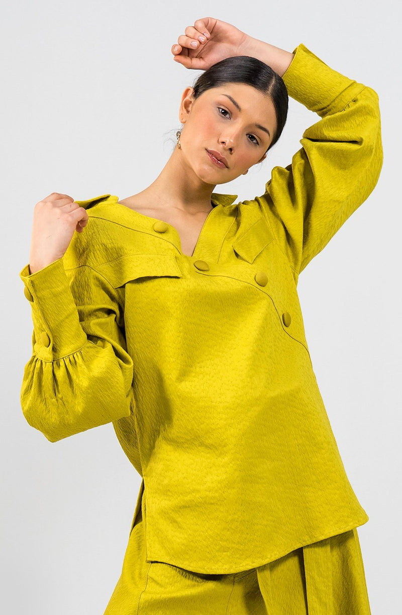 N'waxinjiyana yellow green open V-neckline Shirt - Judy Sanderson