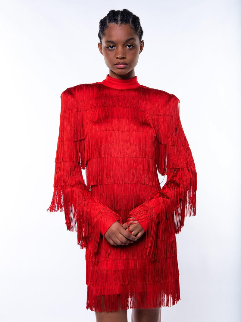 red fringe dress BEADED FRINGE SLEEVELESS DRESS